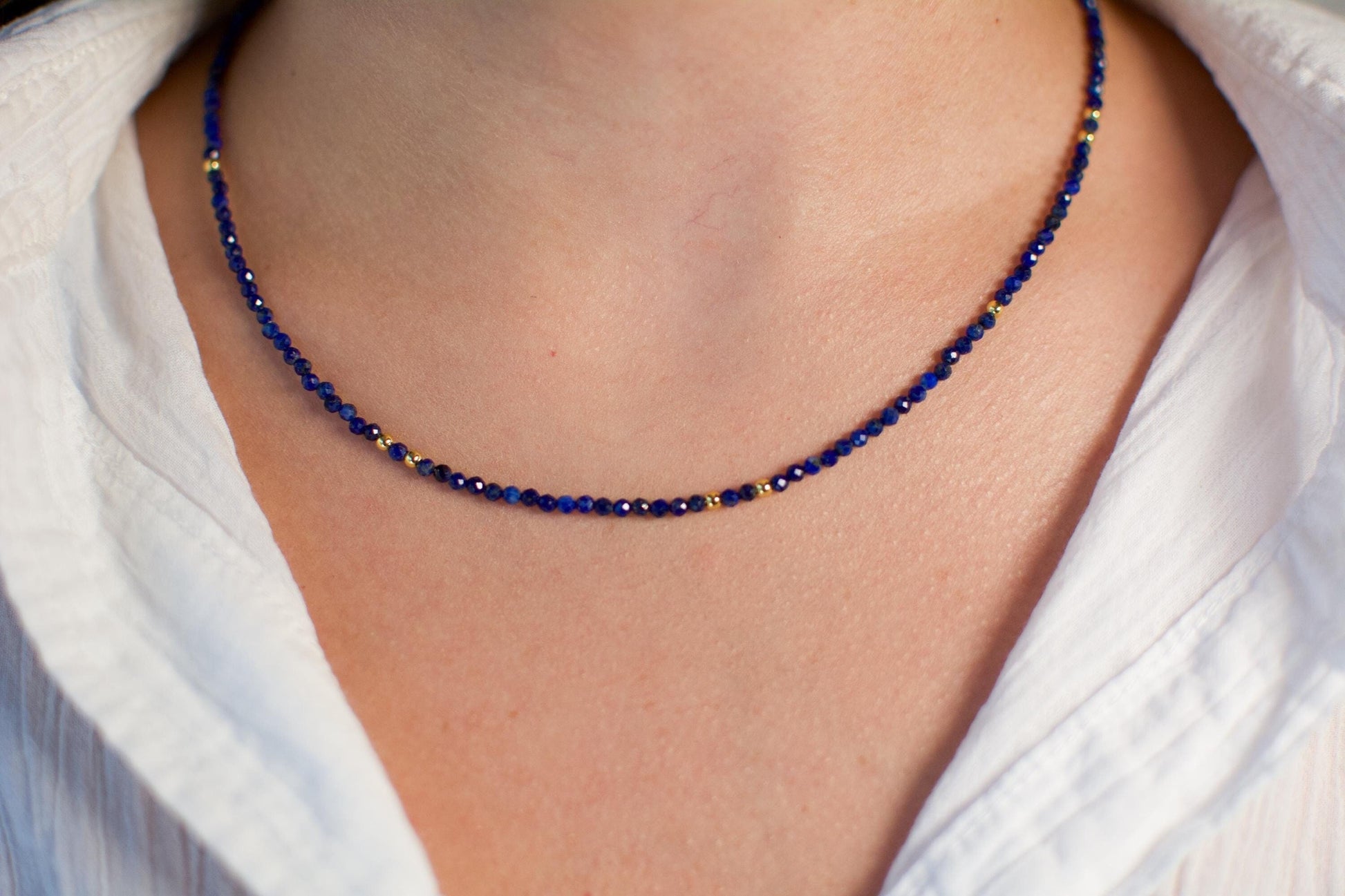 Tiny Bead Choker Blue Gemstone Dainty Choker Lapis Lazuli Necklace Crystal Stone Delicate Choker Adjustable Necklace handmade necklace gift