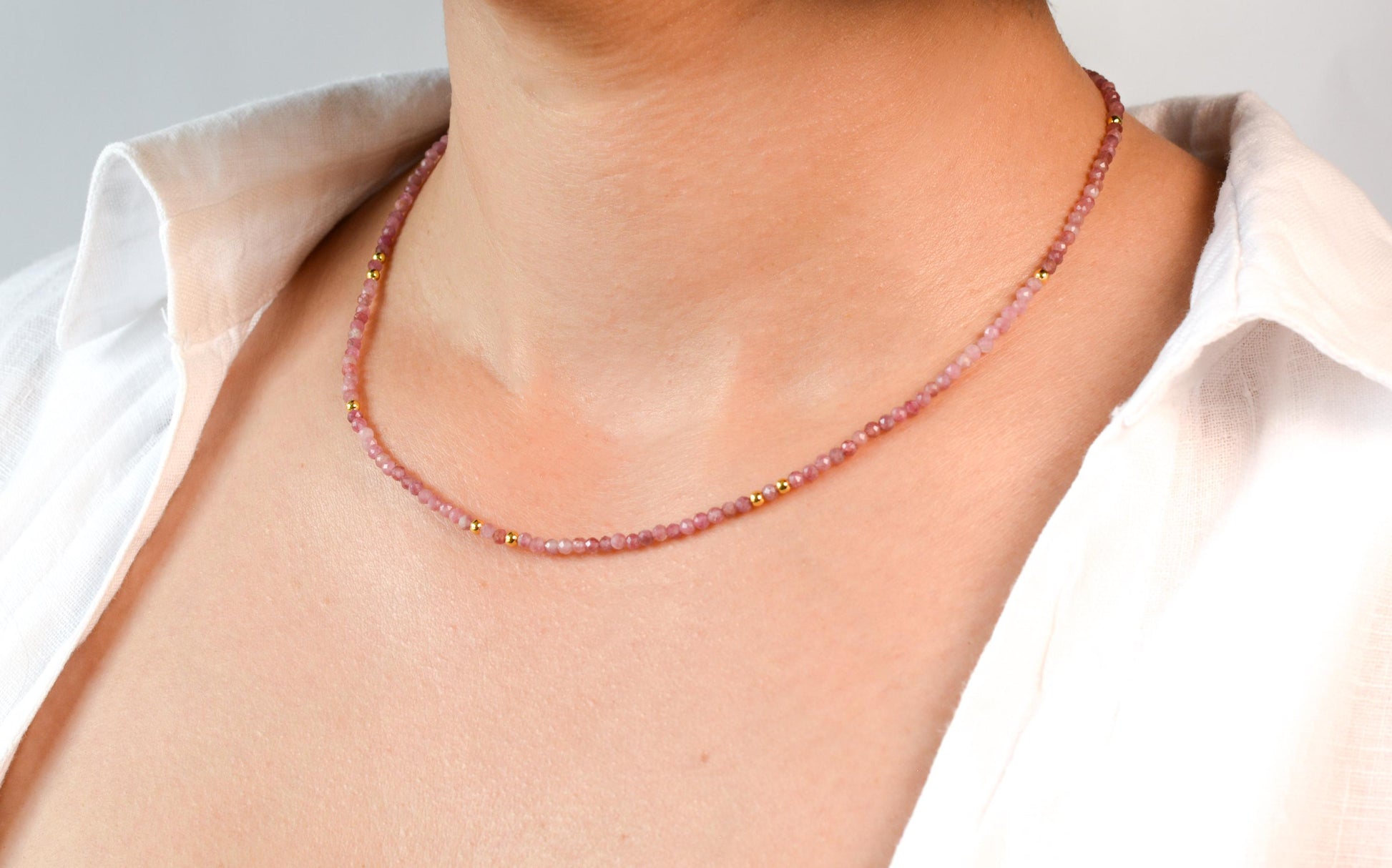 Pink tiny bead choker small beaded necklace dainty gold pink minimalist choker layering gemstone tourmaline small necklace gift for her