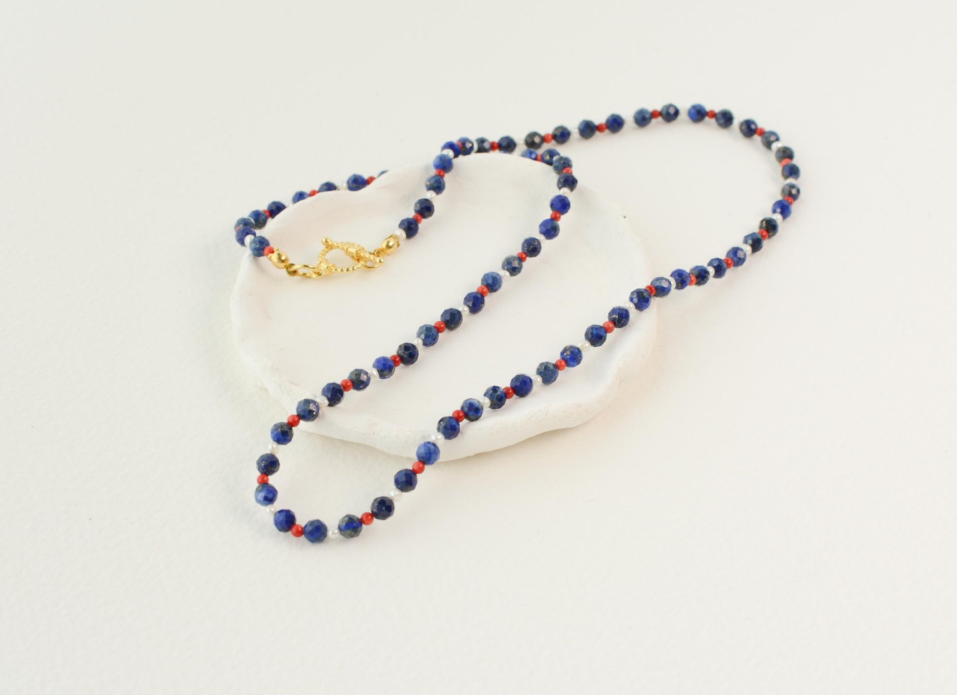 Dainty Crystal Necklace Lapis Lazuli Blue Small Beaded Necklace Toggle Gemstone Coral Tiny Pearl Gold Layer Necklace Gift for her 20" Long