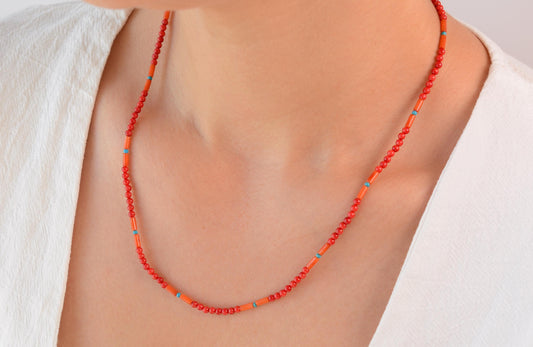 Red Beaded Necklace Boho Dainty Choker Layering Coral Colorful Mixed Stones Gift for Her