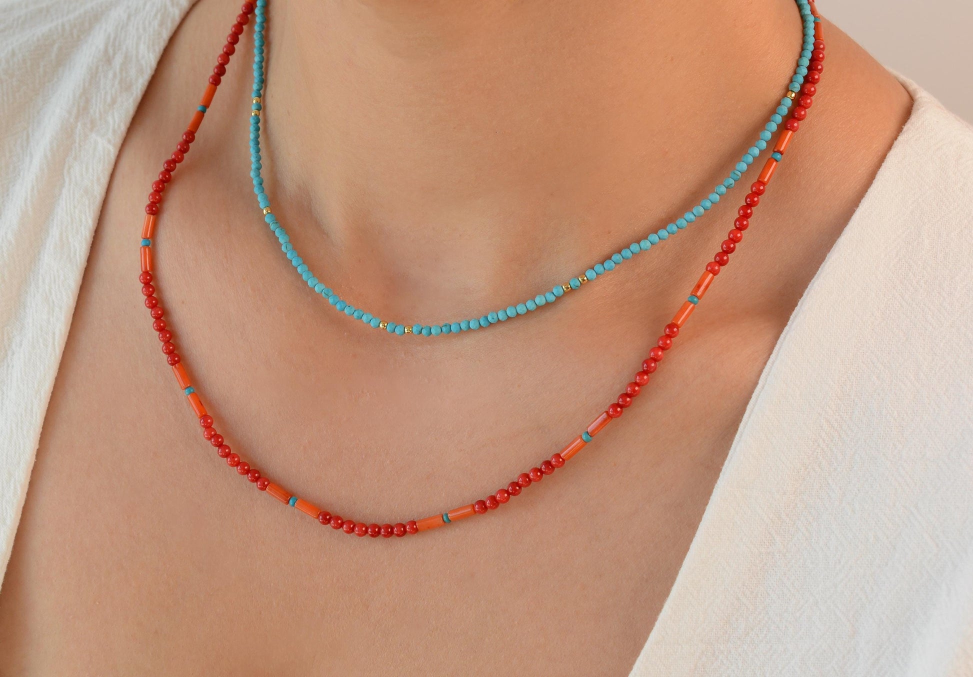Red Beaded Necklace Boho Dainty Choker Layering Coral Colorful Mixed Stones Gift for Her