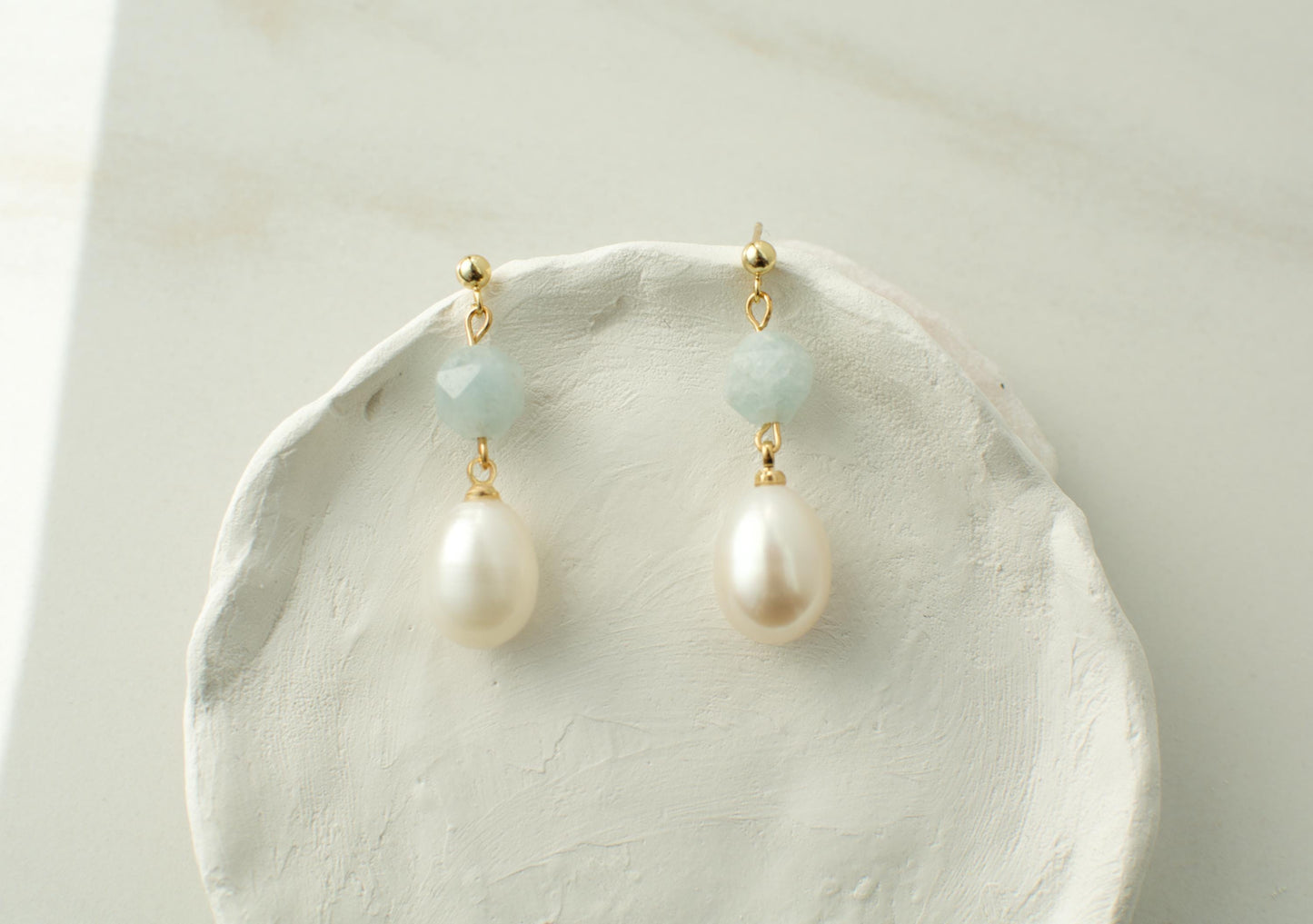 Pearl Drop Earring with Aquamarine Stone Elegant Blue Stone Pearl Earring Gift for her gift for mom bridesmaid dainty drop earring
