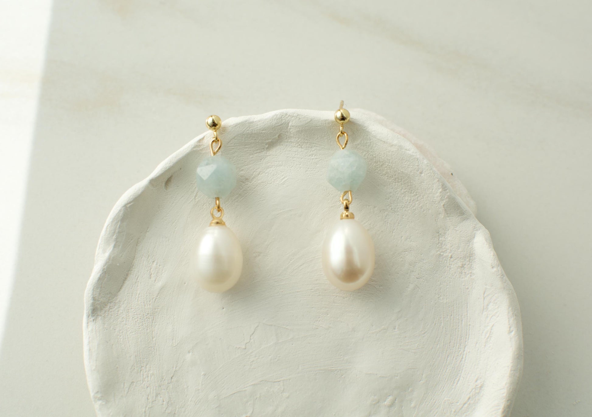 Pearl Drop Earring with Aquamarine Stone Elegant Blue Stone Pearl Earring Gift for her gift for mom bridesmaid dainty drop earring