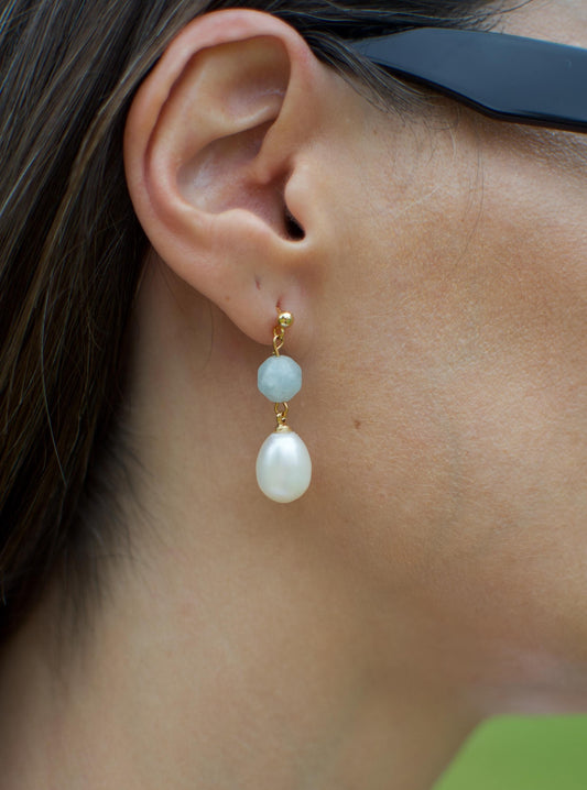 Pearl Drop Earring with Aquamarine Stone Elegant Blue Stone Pearl Earring Gift for her gift for mom bridesmaid dainty drop earring