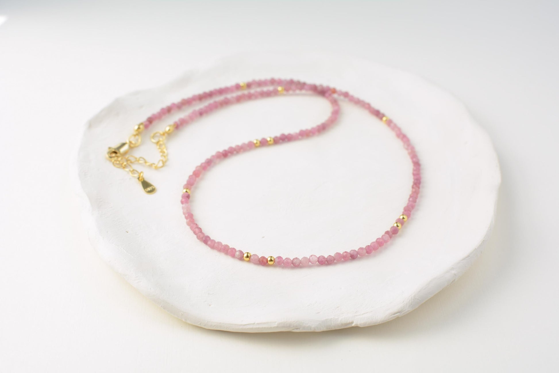 Pink tiny bead choker small beaded necklace dainty gold pink minimalist choker layering gemstone tourmaline small necklace gift for her