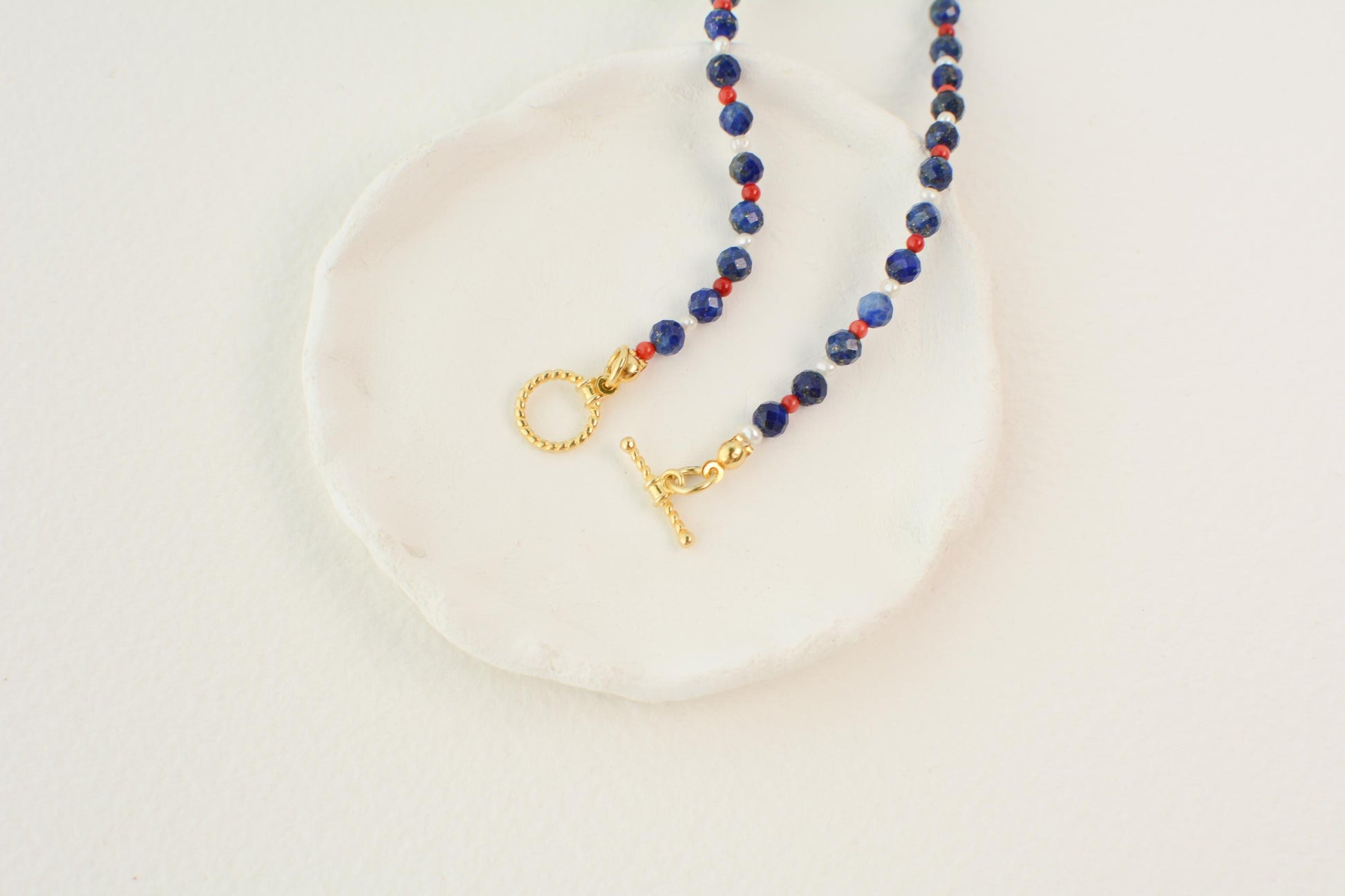 Dainty Crystal Necklace Lapis Lazuli Blue Small Beaded Necklace Toggle Gemstone Coral Tiny Pearl Gold Layer Necklace Gift for her 20" Long