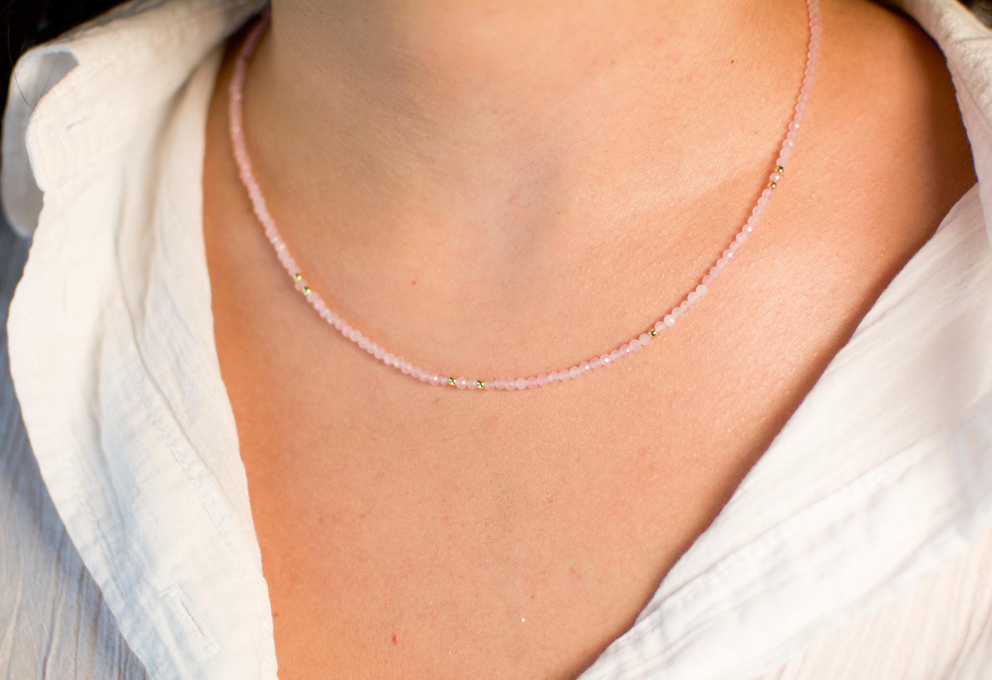 Pink Small Bead Necklace Tiny Choker Rose Quartz Birthstone Necklace Dainty Beaded Layering Choker Crystal Gift for friend