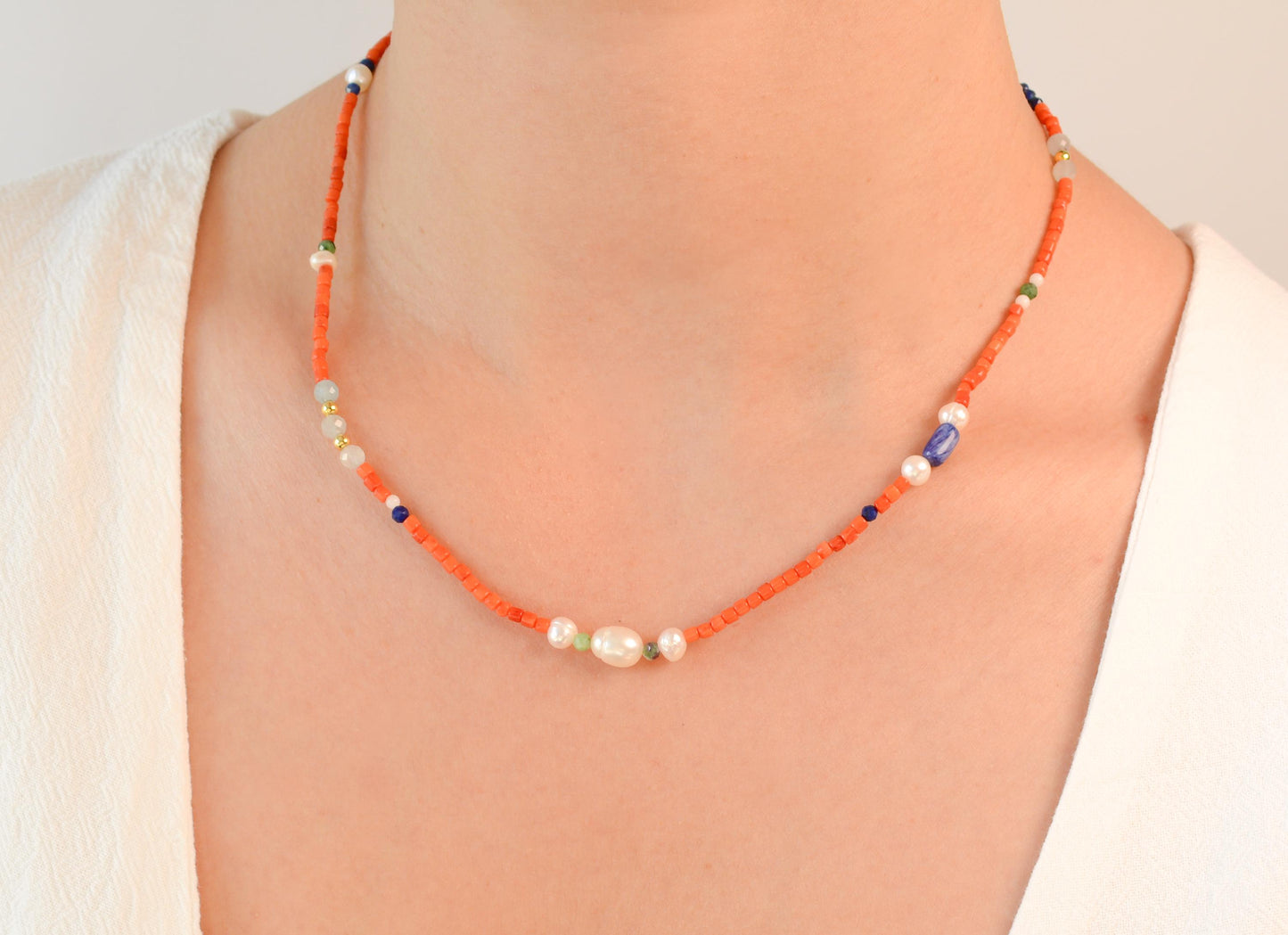 Small Beaded Necklace Colorful Mixed Bead Necklace Natural Stones Beaded Necklace Gemstone Minimalist Layering Beaded Necklace Gift for her
