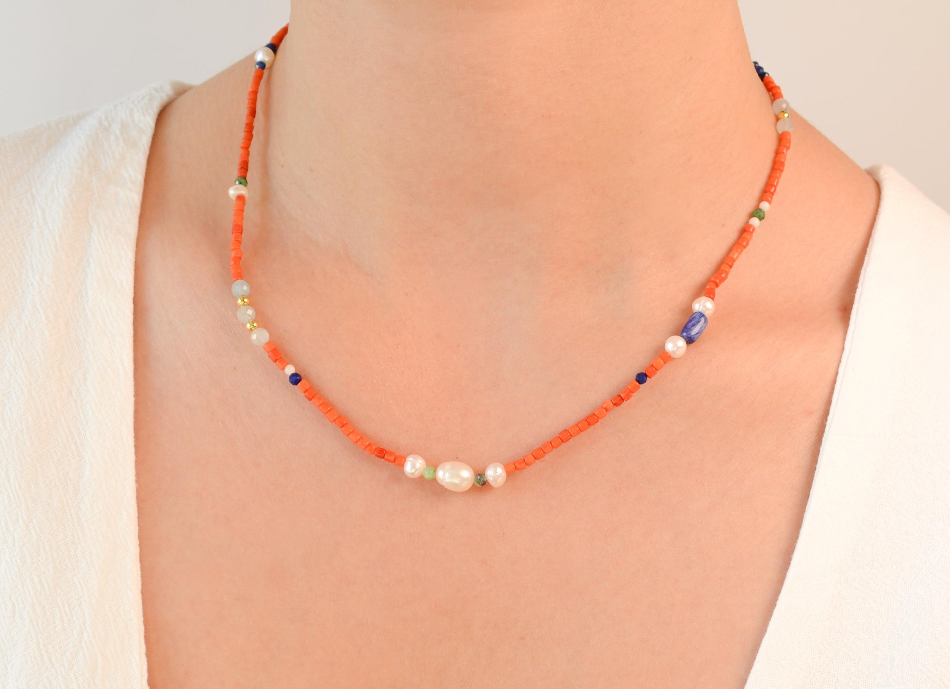 Small Beaded Necklace Colorful Mixed Bead Necklace Natural Stones Beaded Necklace Gemstone Minimalist Layering Beaded Necklace Gift for her