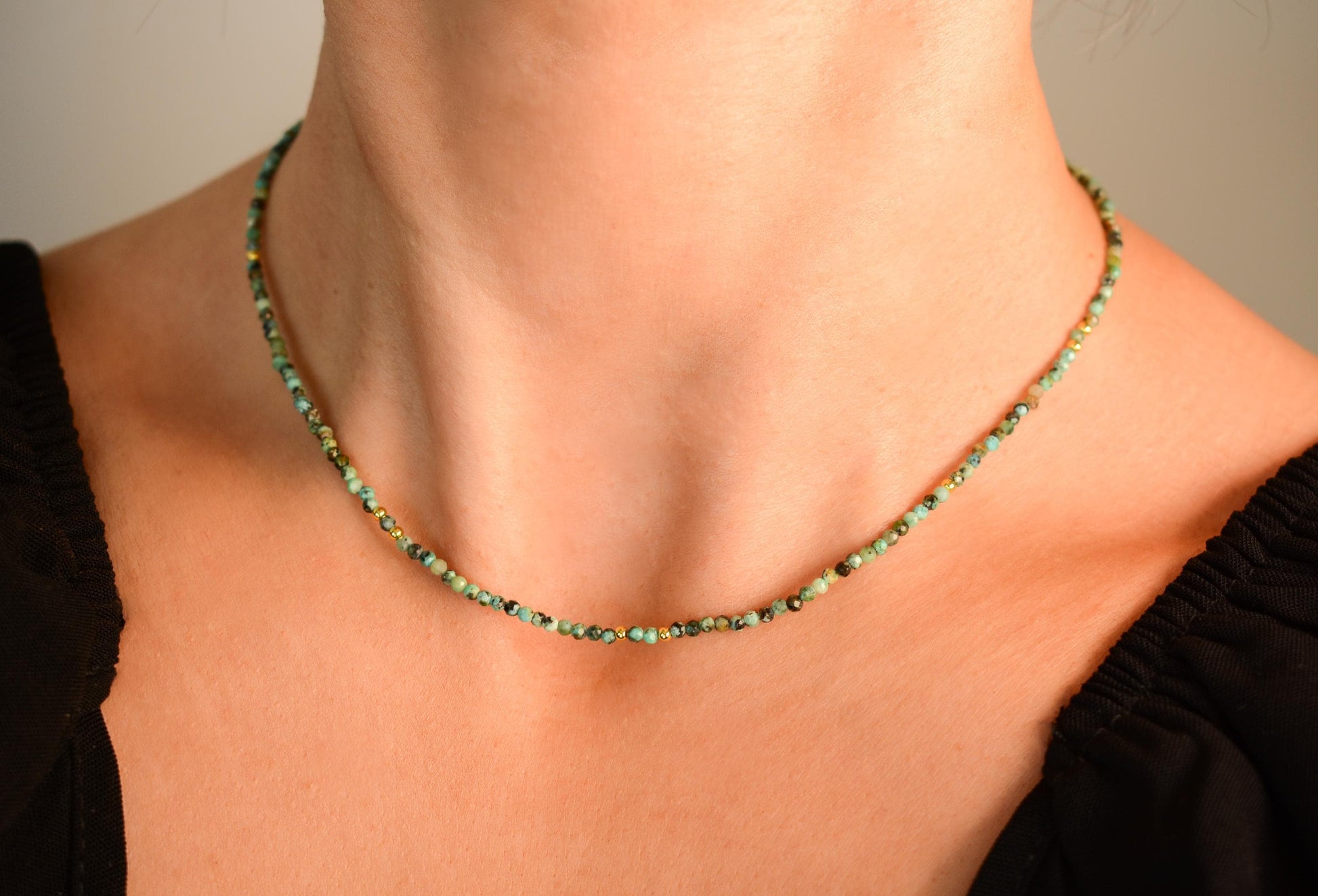 Tiny Bead Choker African Turquoise Crystal Necklace Small Beading Choker Gemstone Gold Dainty Choker Bead Layering Necklace Gift for Her