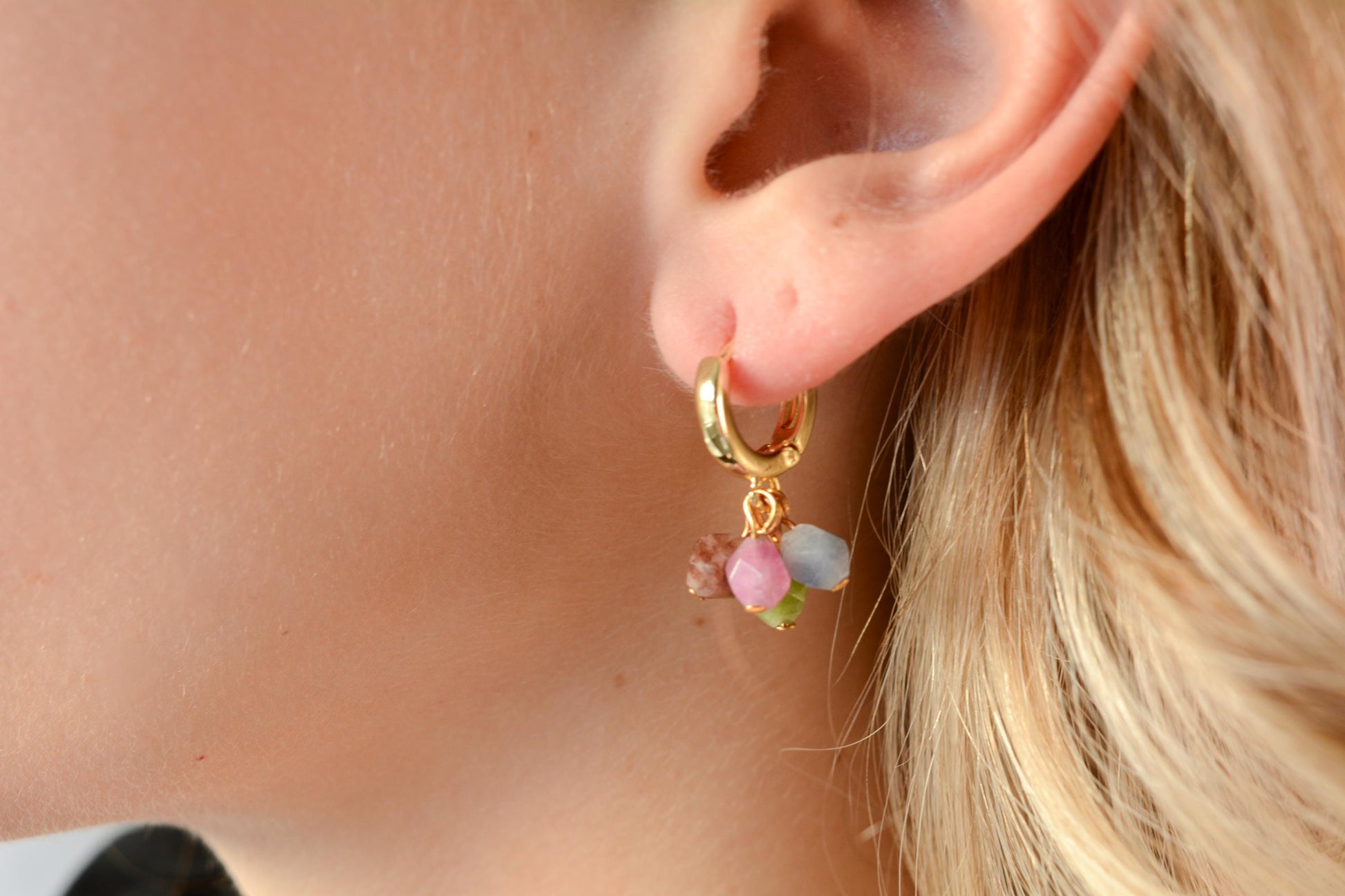 Gold Hoop Earring Dangle Gemstone Earring Huggies Gold Earring Mixed Colors Beaded Earring Gift for Mom Gift For Bridesmaid Valentines Gift