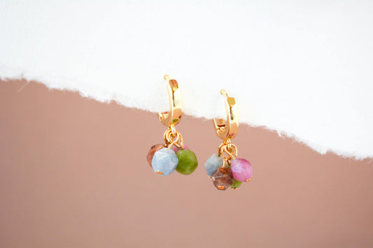 Gold Hoop Earring Dangle Gemstone Earring Huggies Gold Earring Mixed Colors Beaded Earring Gift for Mom Gift For Bridesmaid Valentines Gift