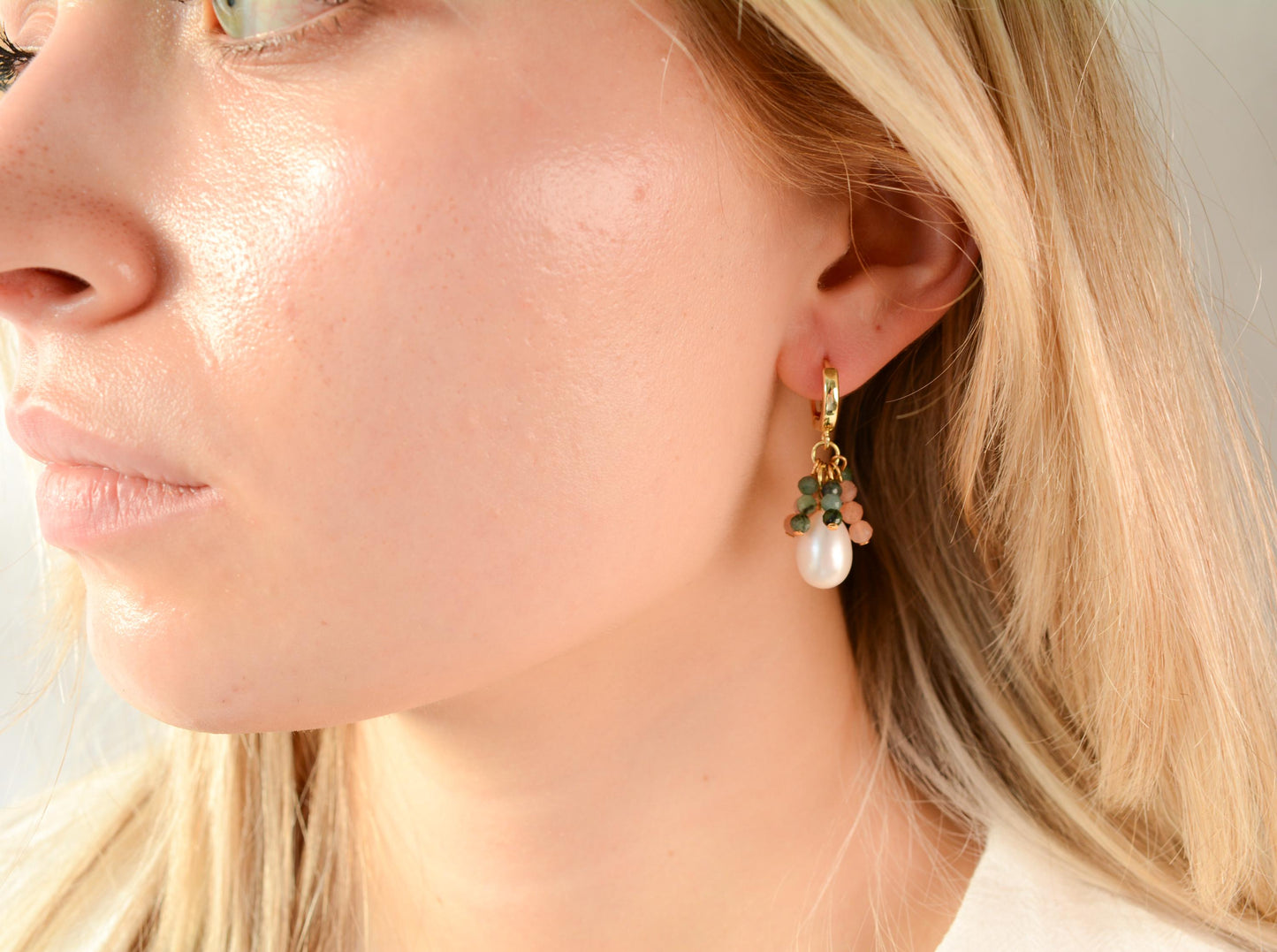 Drop Pearl Gemstones Earring Dangle Mini Beaded Earring Emerald Sunstone Fringe Earring Dainty Gift For Bridesmaid Elegant Gift Delicate