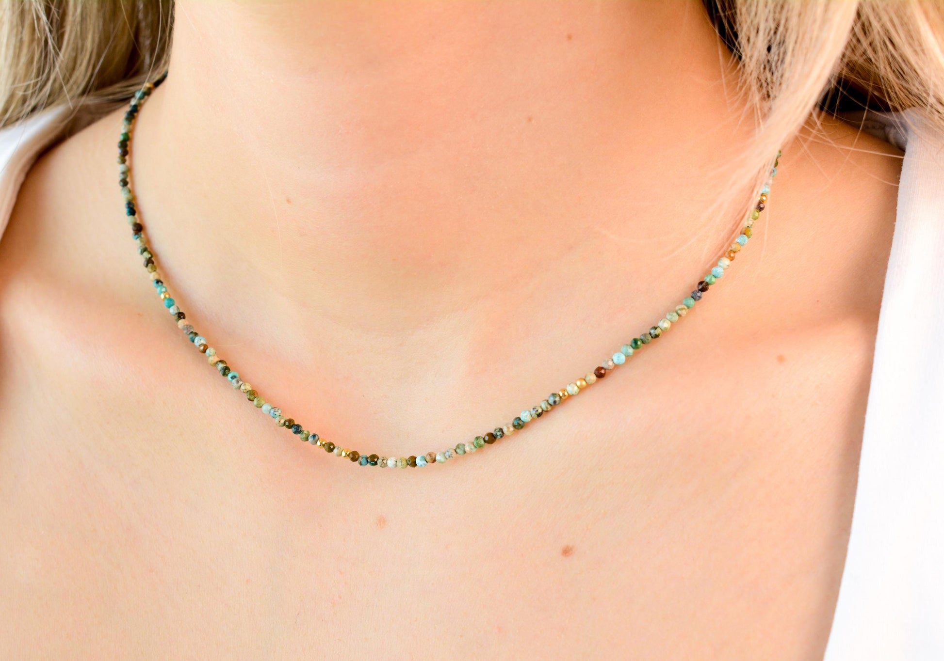 Tiny Bead Choker African Turquoise Crystal Necklace Small Beading Choker Gemstone Gold Dainty Choker Bead Layering Necklace Gift for Her