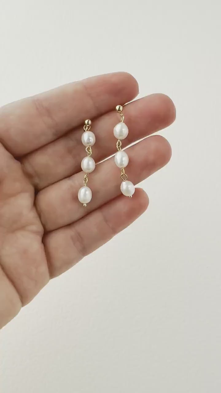 Pearl Dangle Earring Long Drop Gold Stud Real Pearl Earring Elegant Bridal Pearl Dangle Bridesmaids Earring for Her Gift for Mom