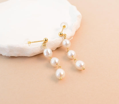 Pearl Dangle Earring Long Drop Gold Stud Real Pearl Earring Elegant Bridal Pearl Dangle Bridesmaids Earring for Her Gift for Mom