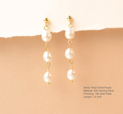 Pearl Dangle Earring Long Drop Gold Stud Real Pearl Earring Elegant Bridal Pearl Dangle Bridesmaids Earring for Her Gift for Mom
