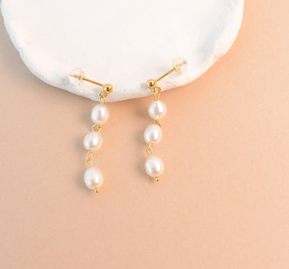Pearl Dangle Earring Long Drop Gold Stud Real Pearl Earring Elegant Bridal Pearl Dangle Bridesmaids Earring for Her Gift for Mom