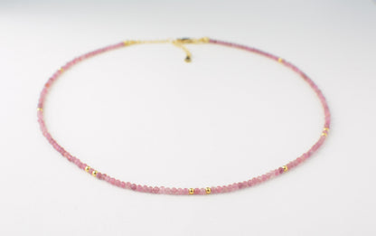 Pink tiny bead choker small beaded necklace dainty gold pink minimalist choker layering gemstone tourmaline small necklace gift for her