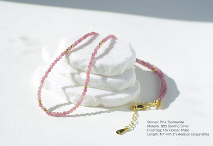Pink tiny bead choker small beaded necklace dainty gold pink minimalist choker layering gemstone tourmaline small necklace gift for her