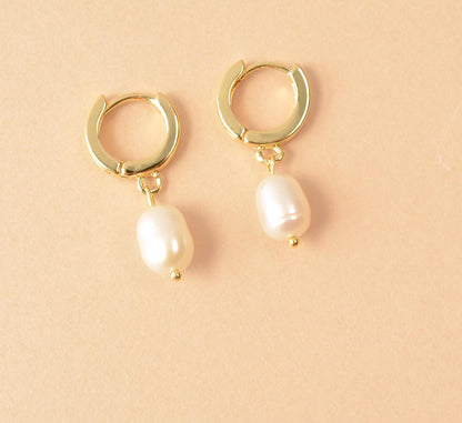 Pearl Drop Earring Small Hoop Pearl Real Gold Dainty Earring Simple Pearl Earring Bridesmaid Gift Pearl Bridal Earring