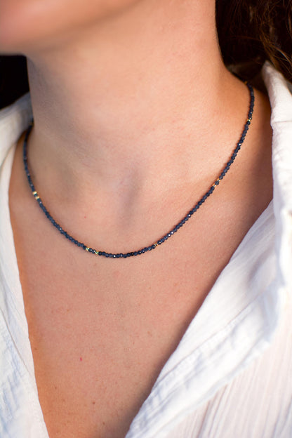 Sapphire Beaded Choker Tiny Navy Blue Gemstone Small Crystal Choker Minimalist Necklace Dainty Layering Bead Choker Gold Silver Gift Elegant