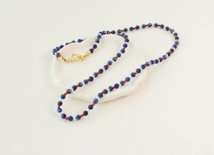 Dainty Crystal Necklace Lapis Lazuli Blue Small Beaded Necklace Toggle Gemstone Coral Tiny Pearl Gold Layer Necklace Gift for her 20" Long