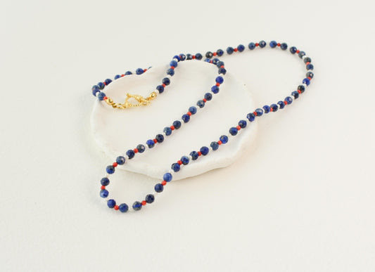Dainty Crystal Necklace Lapis Lazuli Blue Small Beaded Necklace Toggle Gemstone Coral Tiny Pearl Gold Layer Necklace Gift for her 20" Long