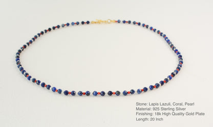 Dainty Crystal Necklace Lapis Lazuli Blue Small Beaded Necklace Toggle Gemstone Coral Tiny Pearl Gold Layer Necklace Gift for her 20" Long