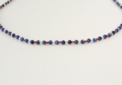 Dainty Crystal Necklace Lapis Lazuli Blue Small Beaded Necklace Toggle Gemstone Coral Tiny Pearl Gold Layer Necklace Gift for her 20" Long