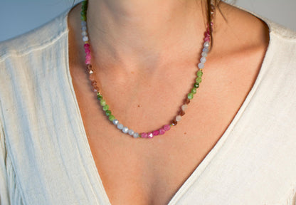 Beaded Necklace Colorful Mixed Bead Necklace Tourmaline Rainbow 6mm Beaded Long 20" Necklace Christmas Gift for Her Boho Necklace