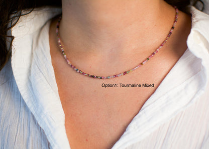 Colorful Gemstone Bead Choker Tiny Crystals Tourmaline Necklace Watermelon Choker Small Rainbow Bead Necklace Layering Seed Bead Gold Stones