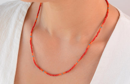 Red Beaded Necklace Boho Dainty Choker Layering Coral Colorful Mixed Stones Gift for Her