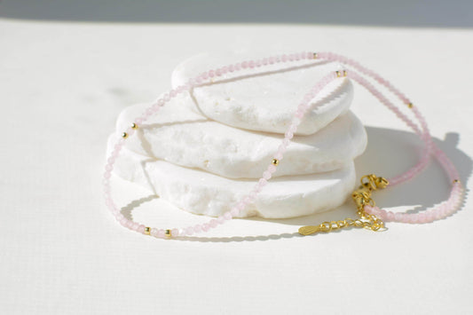 Pink Small Bead Necklace Tiny Choker Rose Quartz Birthstone Necklace Dainty Beaded Layering Choker Crystal Gift for friend