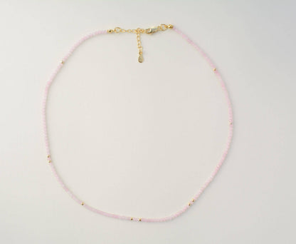 Pink Small Bead Necklace Tiny Choker Rose Quartz Birthstone Necklace Dainty Beaded Layering Choker Crystal Gift for friend