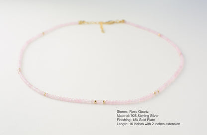Pink Small Bead Necklace Tiny Choker Rose Quartz Birthstone Necklace Dainty Beaded Layering Choker Crystal Gift for friend