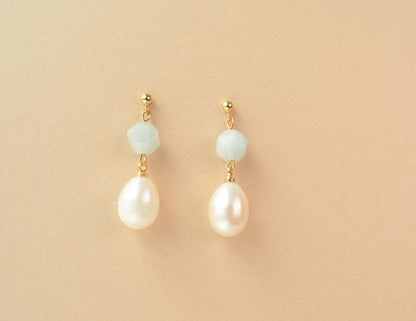 Pearl Drop Earring with Aquamarine Stone Elegant Blue Stone Pearl Earring Gift for her gift for mom bridesmaid dainty drop earring