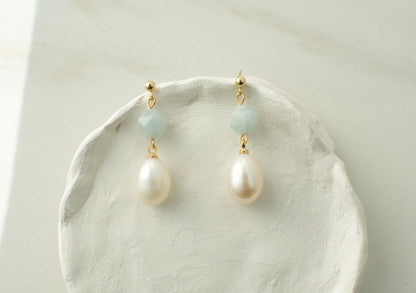 Pearl Drop Earring with Aquamarine Stone Elegant Blue Stone Pearl Earring Gift for her gift for mom bridesmaid dainty drop earring