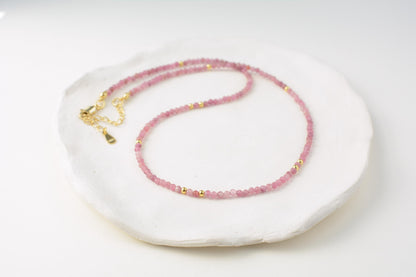 Pink tiny bead choker small beaded necklace dainty gold pink minimalist choker layering gemstone tourmaline small necklace gift for her