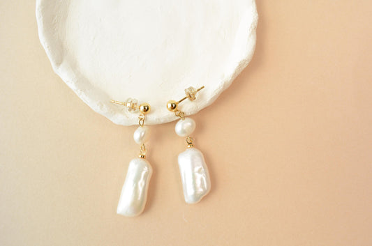 Baroque Pearl Earring Dangle Long Pearl Gold Stud Earring Elegant Large Pearl Dangle Earrings Gift for her bridesmaid gift delicate