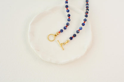 Dainty Crystal Necklace Lapis Lazuli Blue Small Beaded Necklace Toggle Gemstone Coral Tiny Pearl Gold Layer Necklace Gift for her 20" Long