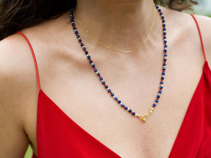 Dainty Crystal Necklace Lapis Lazuli Blue Small Beaded Necklace Toggle Gemstone Coral Tiny Pearl Gold Layer Necklace Gift for her 20" Long