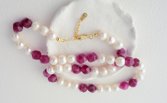 Large Pearl Necklace Beaded Gemstone Big Pearl Necklace Baroque Pearl Aquamarine Blue Necklace Tourmaline Pink Necklace Pearl Gift for Mom