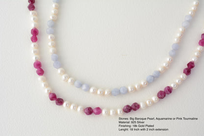 Large Pearl Necklace Beaded Gemstone Big Pearl Necklace Baroque Pearl Aquamarine Blue Necklace Tourmaline Pink Necklace Pearl Gift for Mom