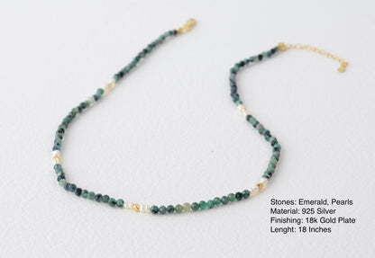 Raw Emerald Necklace Green Beaded Delicate Small Necklace Elegant Gold Pearl Dainty May Birthstone Gift Layering Necklace
