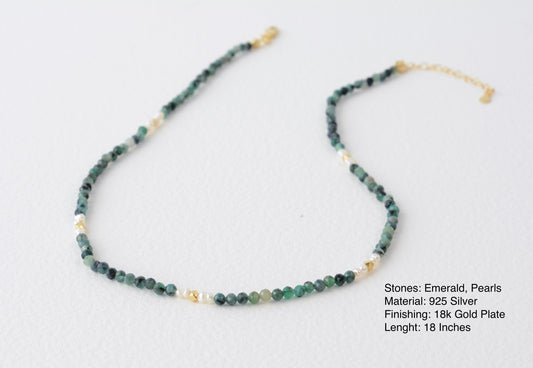 Raw Emerald Necklace Green Beaded Delicate Small Necklace Elegant Gold Pearl Dainty May Birthstone Gift Layering Necklace