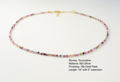 Colorful Gemstone Bead Choker Tiny Crystals Tourmaline Necklace Watermelon Choker Small Rainbow Bead Necklace Layering Seed Bead Gold Stones
