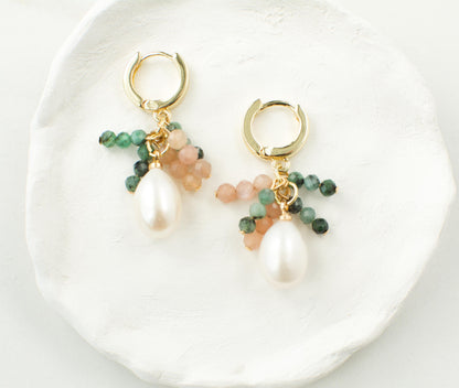 Drop Pearl Gemstones Earring Dangle Mini Beaded Earring Emerald Sunstone Fringe Earring Dainty Gift For Bridesmaid Elegant Gift Delicate