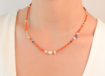 Small Beaded Necklace Colorful Mixed Bead Necklace Natural Stones Beaded Necklace Gemstone Minimalist Layering Beaded Necklace Gift for her