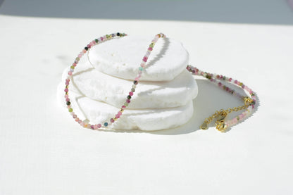 Colorful Gemstone Bead Choker Tiny Crystals Tourmaline Necklace Watermelon Choker Small Rainbow Bead Necklace Layering Seed Bead Gold Stones